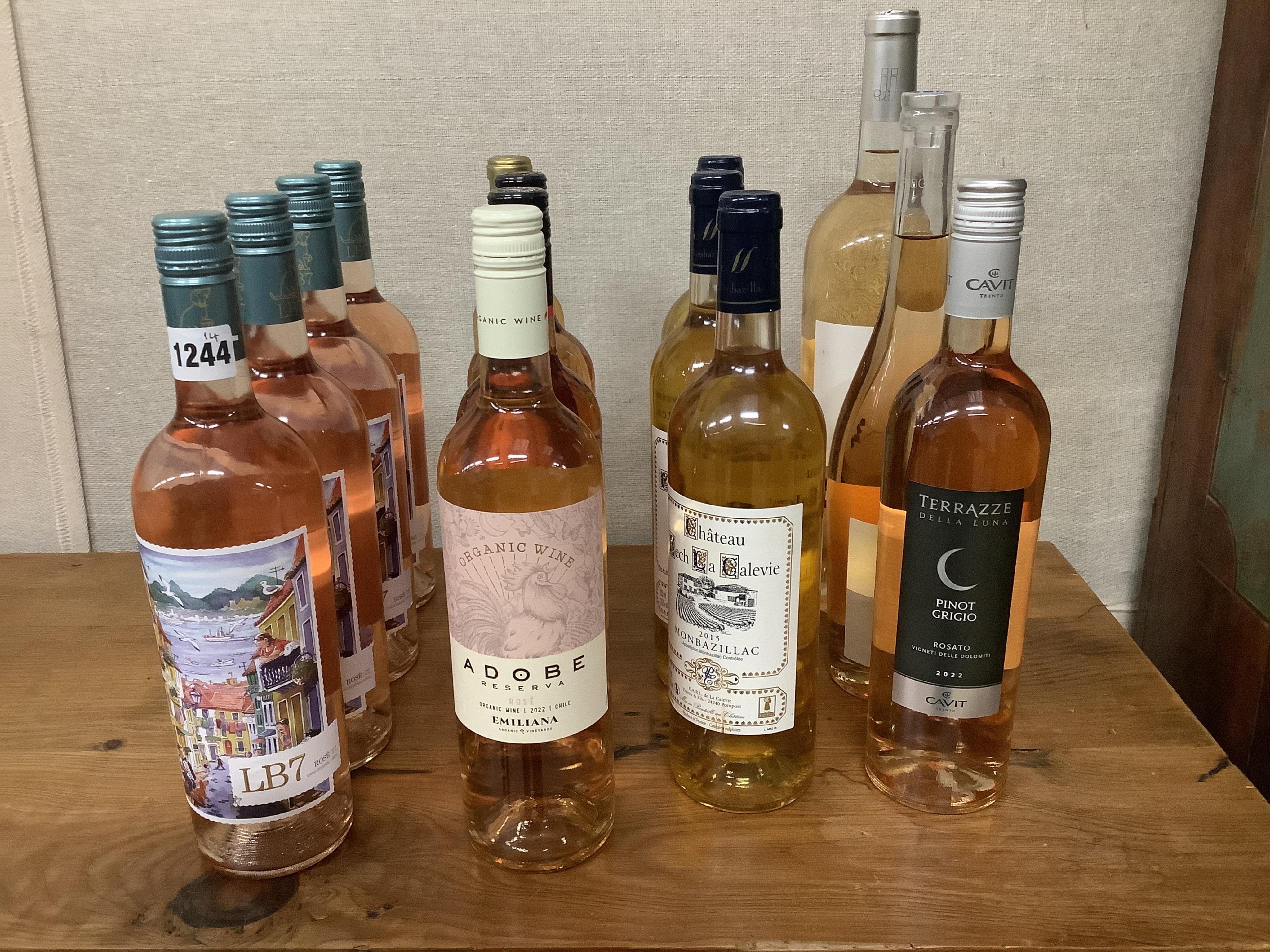 Fourteen bottles of assorted Rose and White Wine to include Chapel Down 2022, LB7 2022, and Monbazillac 2015. (Surplus stock from a local wedding event company).